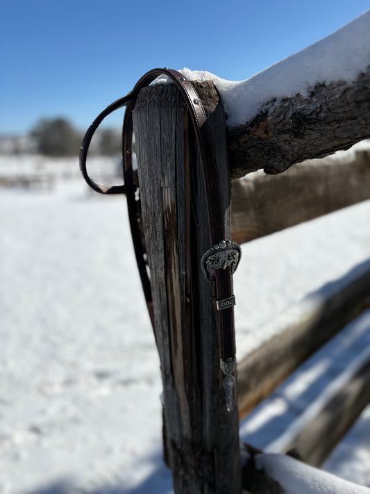 Dark Brown Headstall with Handmade Buckle and Spoon Hangers.
