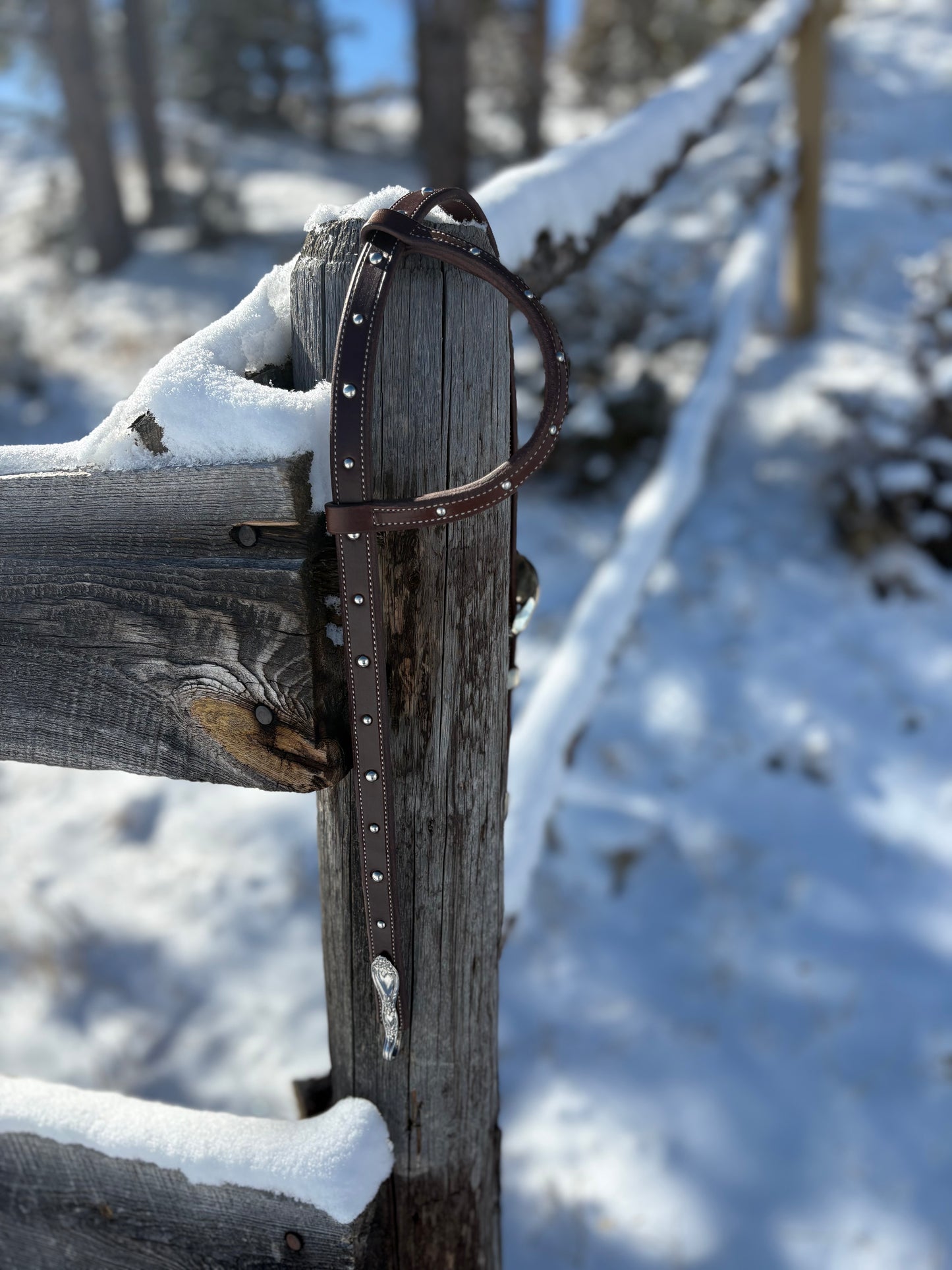 Dark Brown Headstall with Handmade Buckle and Spoon Hangers.